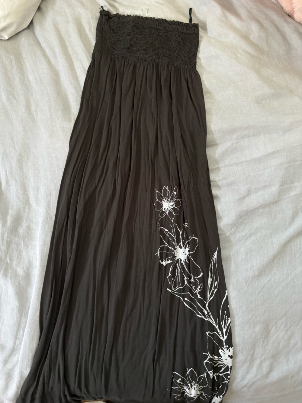 Mind Code Dark Brown Maxi Skirt with White Floral Print